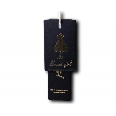 Stringing punch hole garment label with gold stamping custom black card hang tag